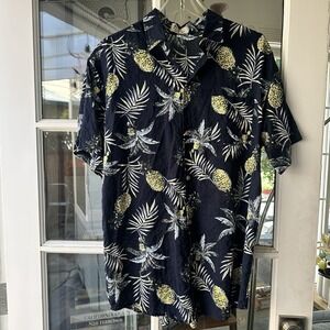 Vtg Japanese‎ Pineapple Hawaiian Cotton Camp Shirt Navy/Yellow Vacation SIZE L